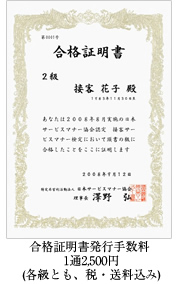 合格証明書発行手数料 1通2,500円(予定・各級とも、税・送料込み)